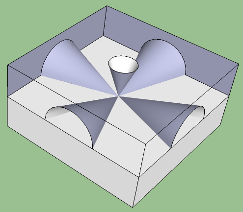 Light emission cones from a point source in a cube-shaped LED with opaque bottom layer Light emission cones